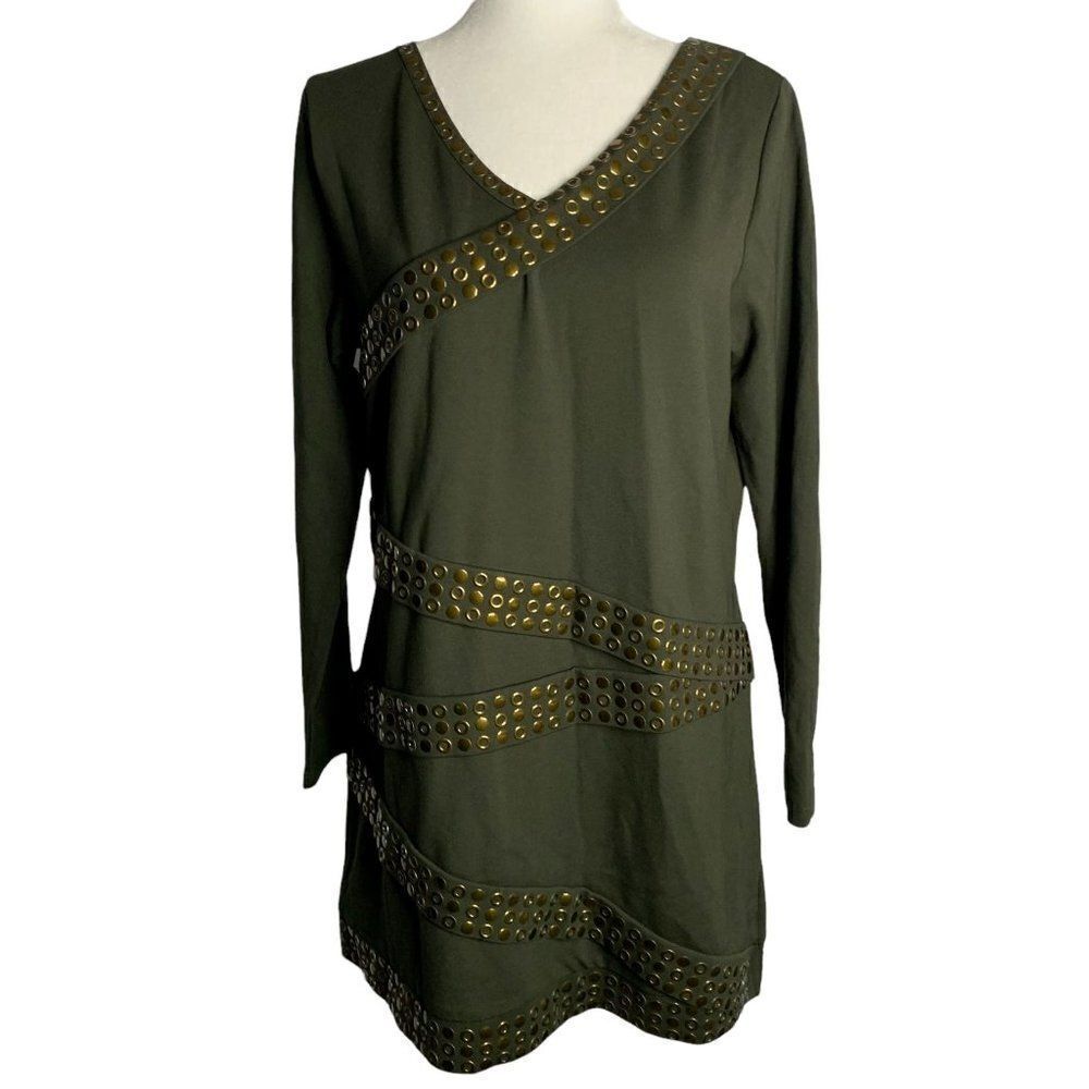 Lynn Ritchie Studded Body Con Dress L Military Green Jersey Knit Long Sleeve NEW